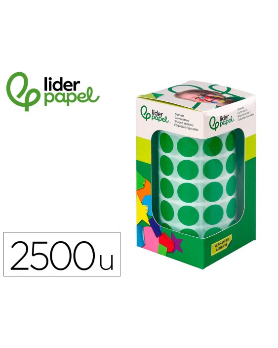 Gomets liderpapel autoadhesivo circulos 15 mm verde rollo de 2500 unidades en caja de carton