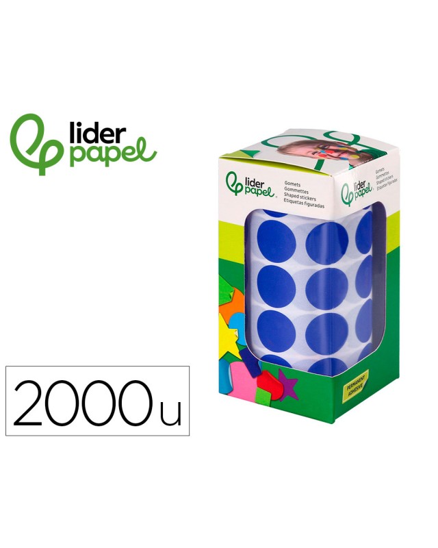 Gomets liderpapel autoadhesivo circulos 20 mm azul rollo de 2000 unidades en caja de carton