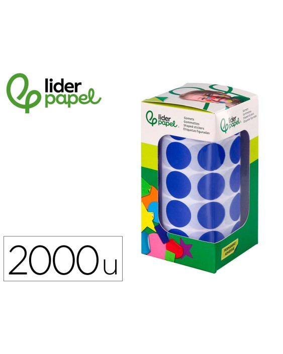 Gomets liderpapel autoadhesivo circulos 20 mm azul rollo de 2000 unidades en caja de carton