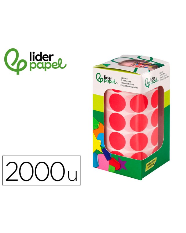 Gomets liderpapel autoadhesivo circulos 20 mm rojo rollo de 2000 unidades en caja de carton