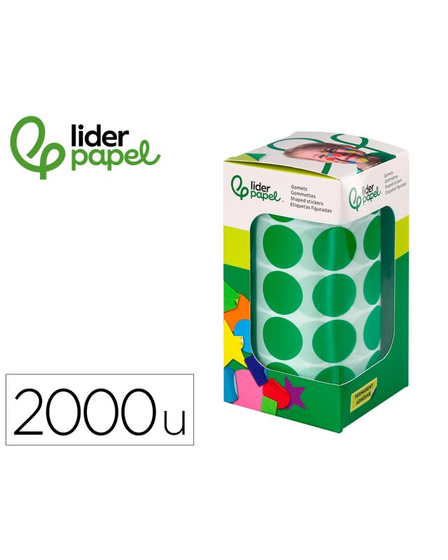 Gomets liderpapel autoadhesivo circulos 20 mm verde rollo de 2000 unidades en caja de carton