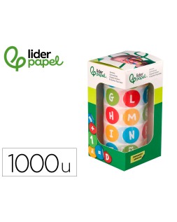Gomets liderpapel autoadhesivo redondo abecedario 20 mm colores surtidos rollo de 1000 unidades en caja de carton