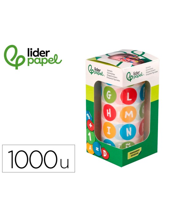 Gomets liderpapel autoadhesivo redondo abecedario 20 mm colores surtidos rollo de 1000 unidades en caja de carton