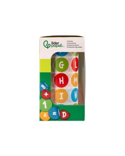 Gomets liderpapel autoadhesivo redondo abecedario 20 mm colores surtidos rollo de 1000 unidades en caja de carton