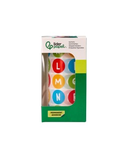 Gomets liderpapel autoadhesivo redondo abecedario 20 mm colores surtidos rollo de 1000 unidades en caja de carton