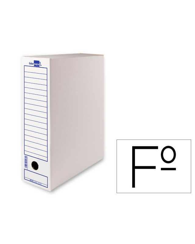 Caja archivo definitivo liderpapel 104 folio carton reciclado 325g/m2 lomo 100 mm blanco 365x100x251 mm