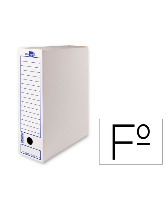 Caja archivo definitivo liderpapel 104 folio carton reciclado 325g/m2 lomo 100 mm blanco 365x100x251 mm