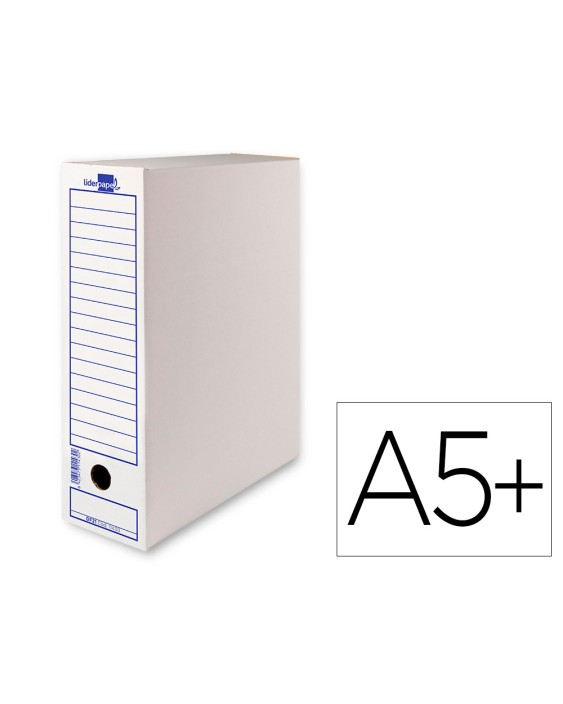 Caja archivo definitivo liderpapel 103 cuarto carton reciclado 325g/m2 lomo 105 mm blanco 278x105x213 mm