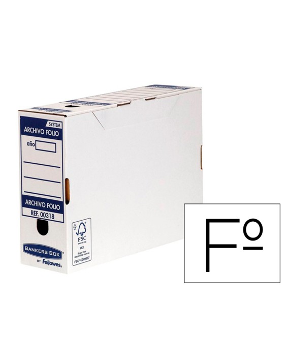 Caja archivo definitivo fellowes folio carton reciclado 100% lomo 100 mm montaje automatico color azul
