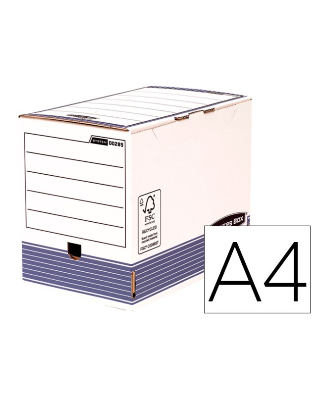 Caja archivo definitivo fellowes a4 carton reciclado 100% lomo 200 mm montaje automatico color azul