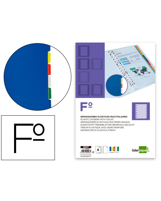Separador liderpapel plastico juego de 6 separadores folio 16 taladros