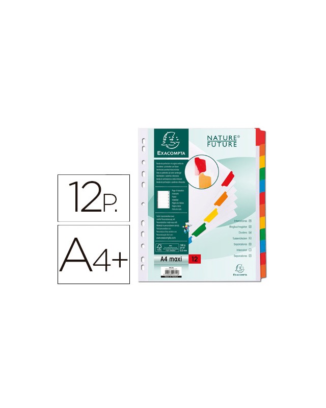 Separador exacompta cartulina juego de 12 separadores din a4+ multitaladro color blanco