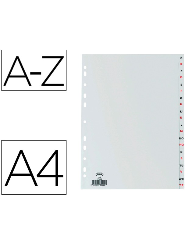 Separador alfabetico elba plastico 120 mc din a4 11 taladros a-z gris