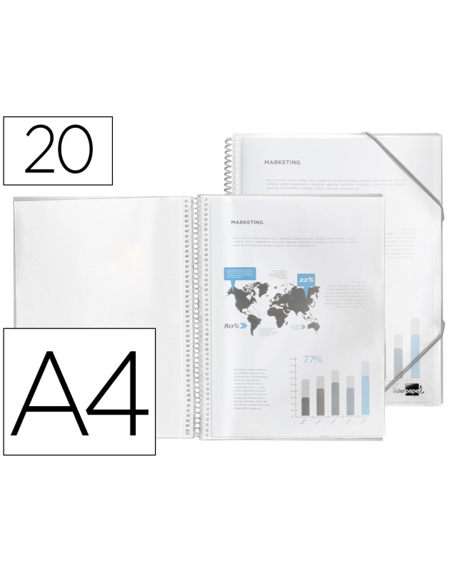 Carpeta liderpapel escaparate con espiral 20 fundas polipropileno din a4 transparente