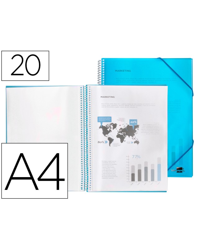 Carpeta liderpapel escaparate con espiral 20 fundas polipropileno din a4 azul