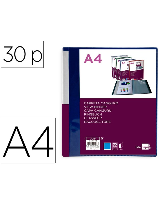 Carpeta liderpapel 30 fundas canguro pp din a4 azul translucido portada y lomo personalizable
