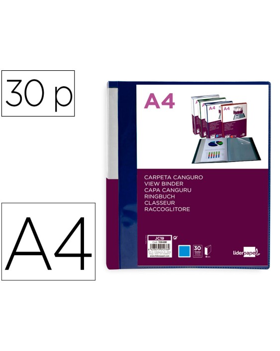 Carpeta liderpapel 30 fundas canguro pp din a4 azul translucido portada y lomo personalizable