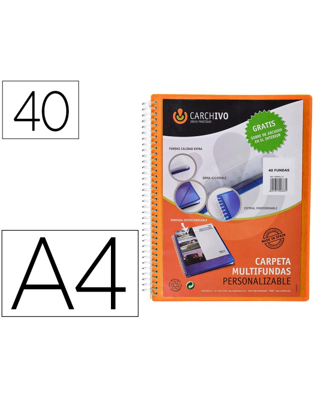 Carpeta carchivo archivex polipropileno canguro naranja escaparate con espiral 40 fundas cierre gomas din a4