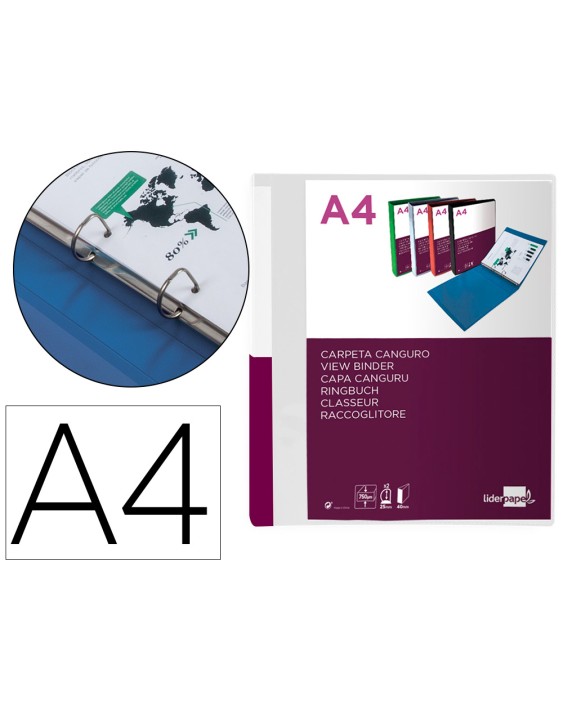 Carpeta liderpapel canguro 2 anillas 25 mm mixtas polipropileno din a4 transparente