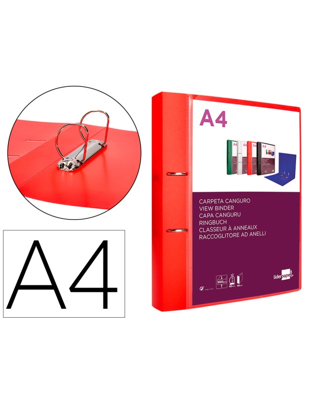Carpeta liderpapel canguro 2 anillas 40 mm mixtas polipropileno din a4 rojo translucido