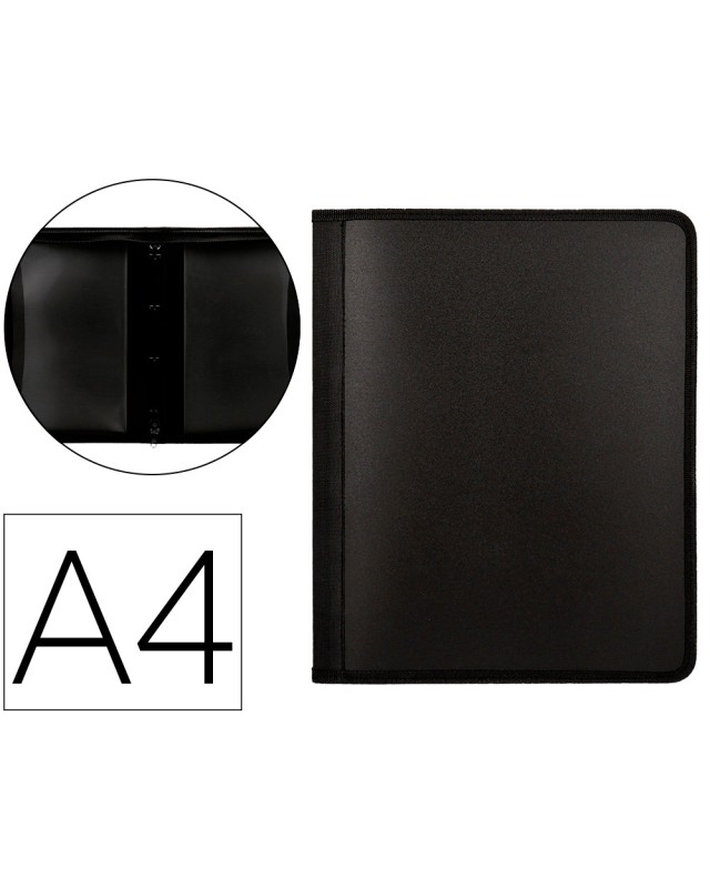 Carpeta liderpapel 4 anillas 25 mm polipropileno cierre cremallera 4 bolsillos interiores con ribete color negro