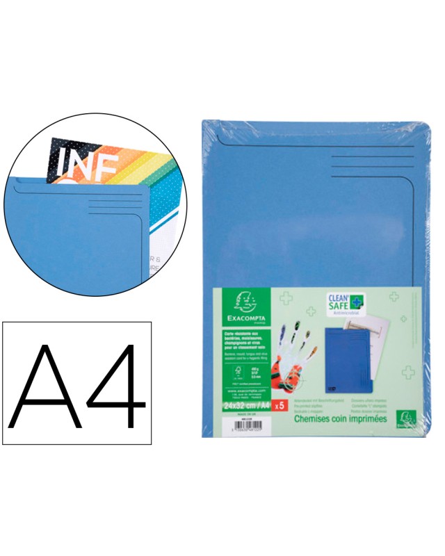 Carpeta dossier uñero exacompta clean safe cartulina 400 gr din a4 azul paquete de 5 unidades
