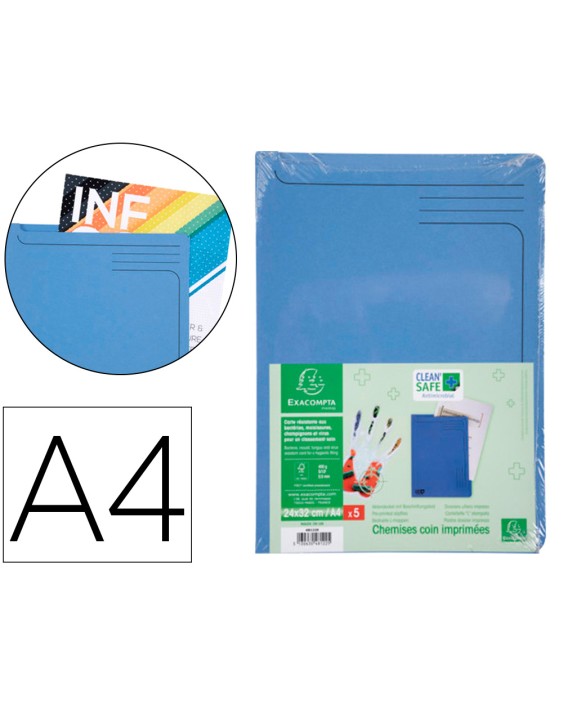 Carpeta dossier uñero exacompta clean safe cartulina 400 gr din a4 azul paquete de 5 unidades