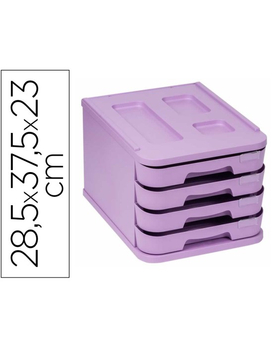 Fichero cajones de sobremesa faibo plastico 100% reciclable 4 cajones violeta pastel 28,5x37,5x23 cm