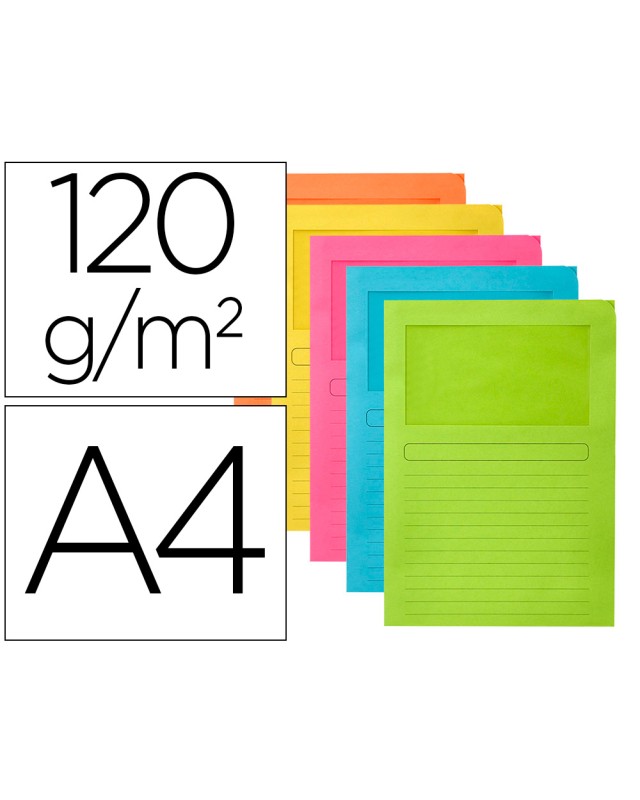 Subcarpeta cartulina q-connect din a4 colores surtidos con ventana transparente 120g/m2 paquete de 25 unidades