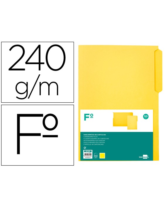 Subcarpeta cartulina liderpapel folio pestaña izquierda 240g/m2 amarillo
