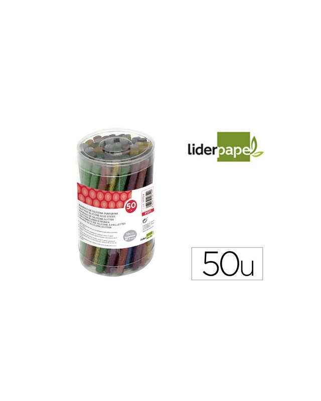 Barra termofusible purpurina liderpapel 7 mm diametro x 100 mm de alto bote 50 unidades colores surtidos