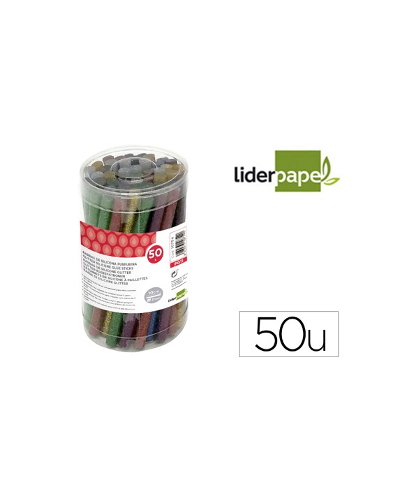 Barra termofusible purpurina liderpapel 7 mm diametro x 100 mm de alto bote 50 unidades colores surtidos