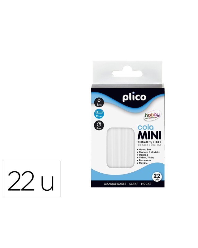 Barra termofusible plico mini translucida 8 mm de diametro x 95 mm de alto blister de 22 unidades