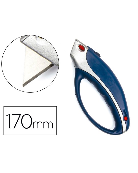 Cuter q-connect xs6200 metalico ancho azul y gris con mango de plastico y compartimento para cuchillas