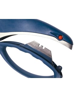 Cuter q-connect xs6200 metalico ancho azul y gris con mango de plastico y compartimento para cuchillas