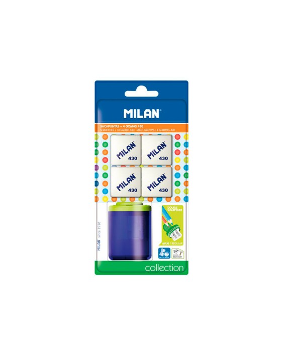 Sacapuntas milan collection plastico 2 usos + 4 gomas de borrar 430