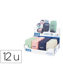 Sacapuntas milan compact serie 1918 plastico 2 usos con goma de borrar expositor de 16 unidades colores