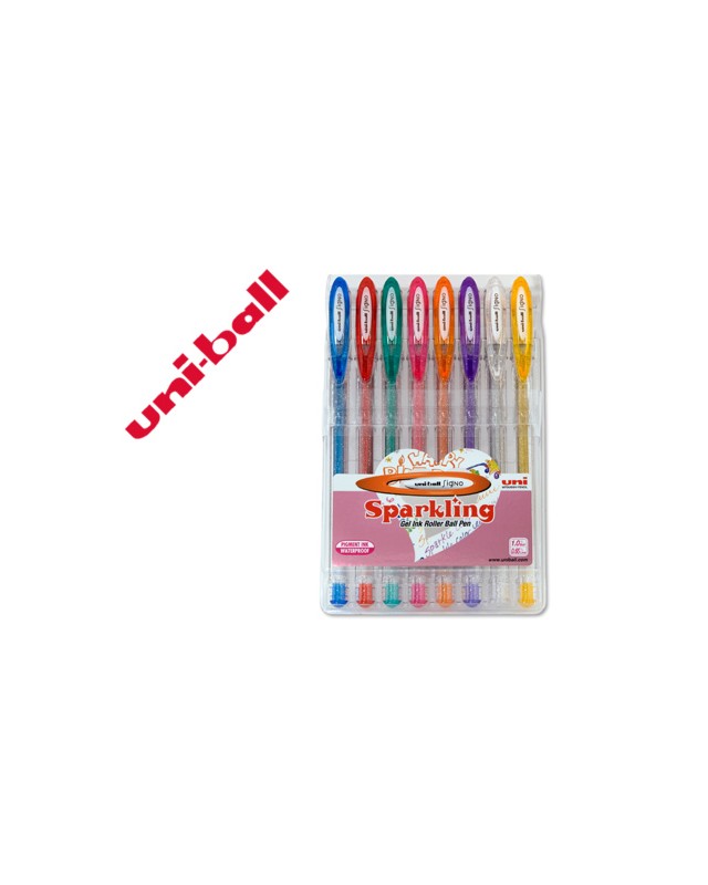 Boligrafo uni ball um-120 signo 1 mm tinta gel estuche de 8 colores con purpurina