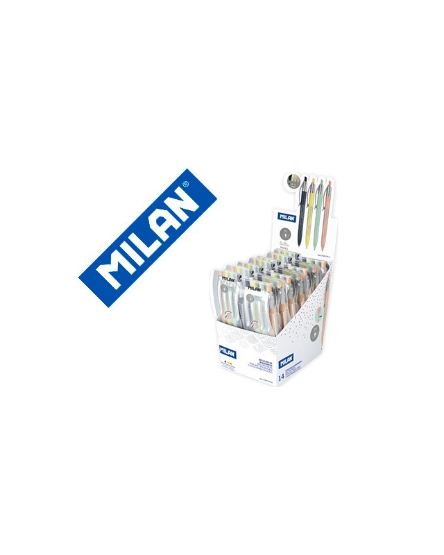 Boligrafo milan p1 silver expositor de 14 unidades retractil 1 mm estuche de 4 unidades colores surtidos