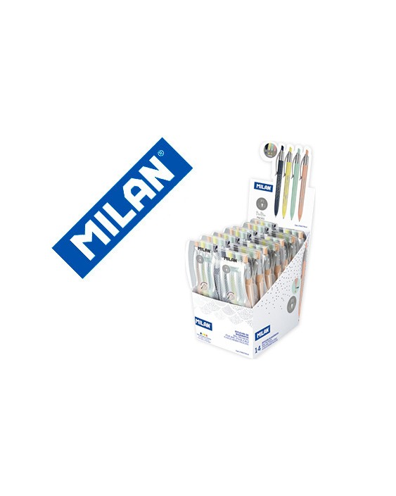 Boligrafo milan p1 silver expositor de 14 unidades retractil 1 mm estuche de 4 unidades colores surtidos