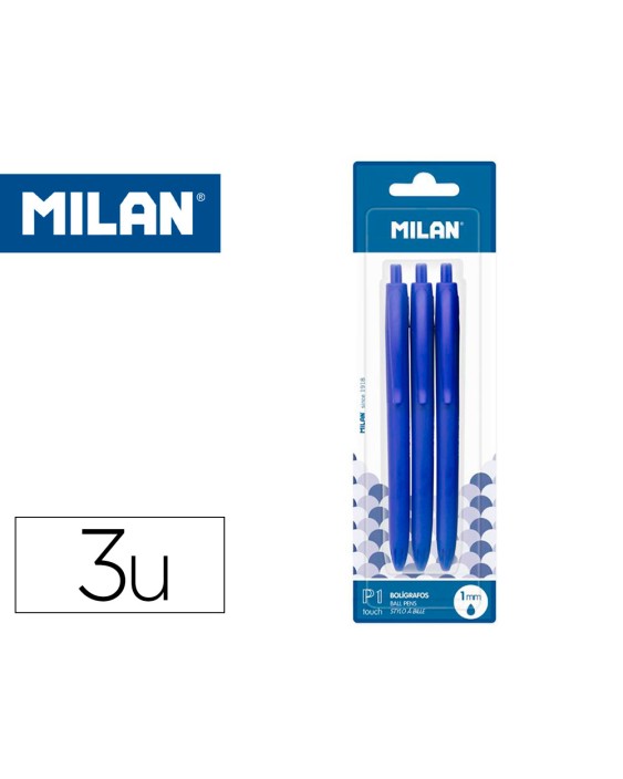Boligrafo milan p1 retractil 1 mm touch azul blister de 3 unidades