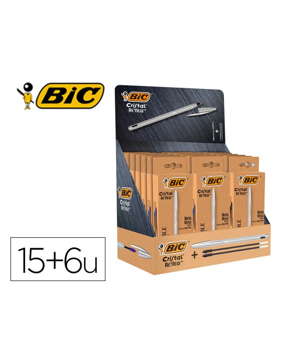 Boligrafo bic cristal renew 21 expositor 15 unidades azul + 6 negro regalo 50 bic cristal azul