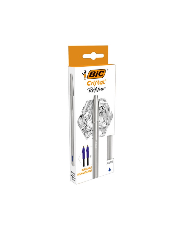 Boligrafo bic cristal renew cuerpo en aluminio mate tinta azul + 2 recambios en caja de carton