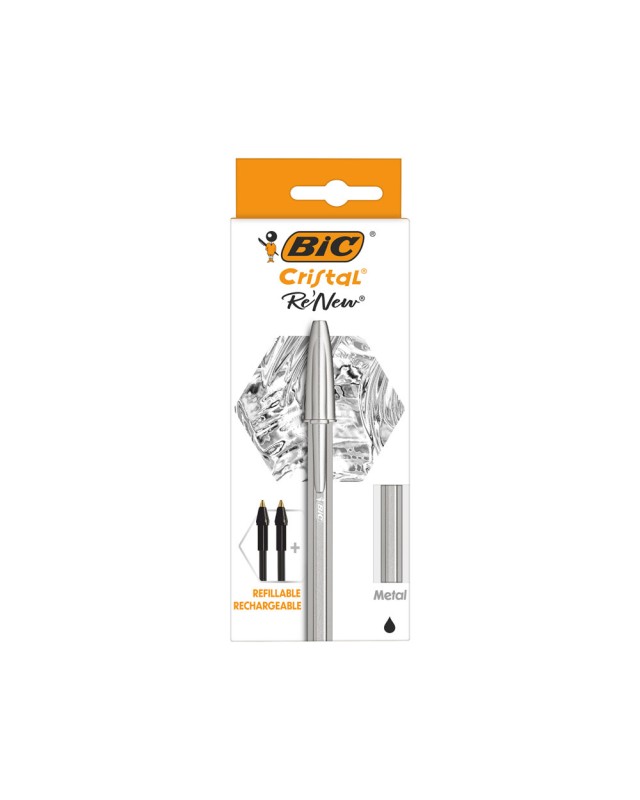 Boligrafo bic cristal renew cuerpo en aluminio mate tinta negro + 2 recambios en caja de carton