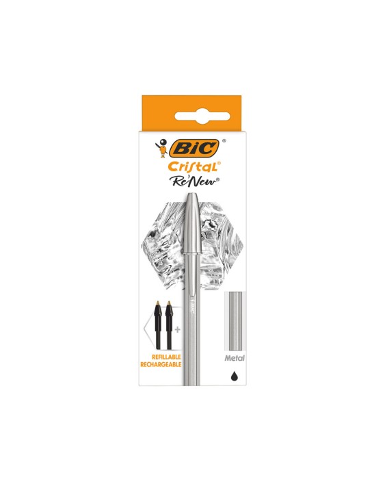 Boligrafo bic cristal renew cuerpo en aluminio mate tinta negro + 2 recambios en caja de carton