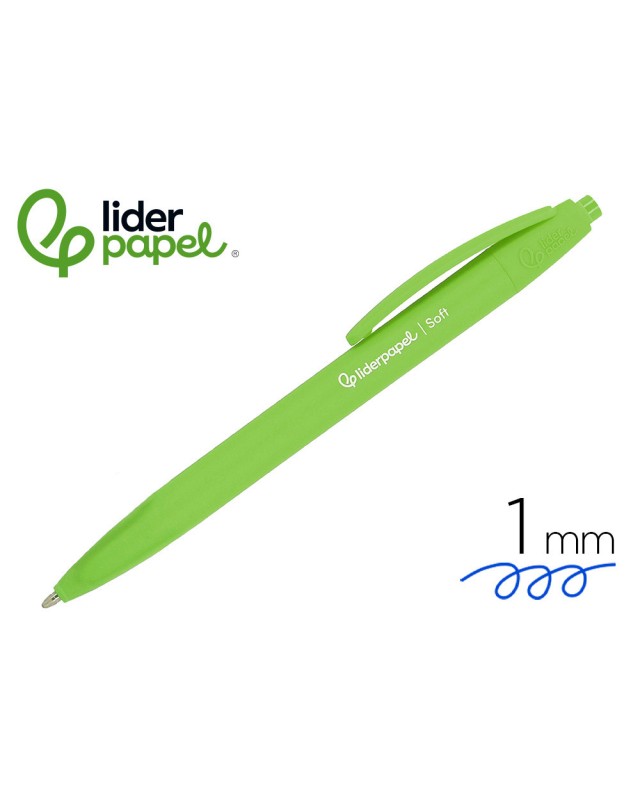 Boligrafo liderpapel punta 1 mm retractil con clip acabado soft touch tinta azul cuerpo verde