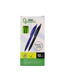 Boligrafo liderpapel punta 1 mm retractil con clip acabado soft touch tinta azul cuerpo verde