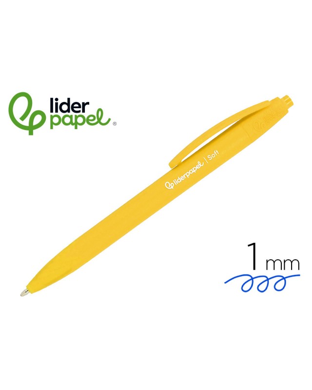 Boligrafo liderpapel punta 1 mm retractil con clip acabado soft touch tinta azul cuerpo amarillo