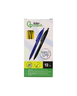 Boligrafo liderpapel punta 1 mm retractil con clip acabado soft touch tinta azul cuerpo amarillo