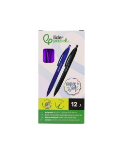 Boligrafo liderpapel punta 1 mm retractil con clip acabado soft touch tinta azul cuerpo morado